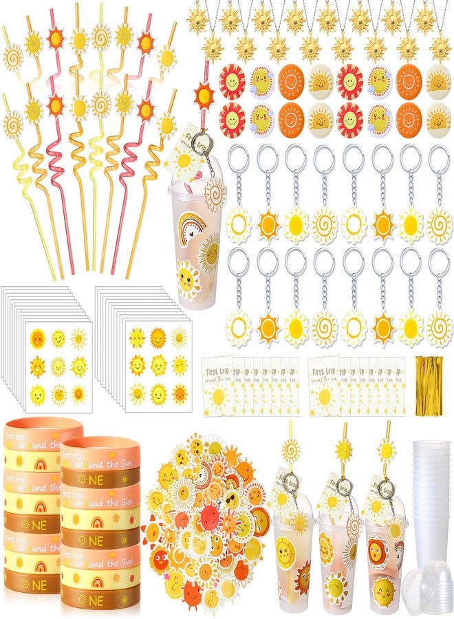 Remuuly 179 Pcs First Trip Around the Sun, Bohemian Hippie Sunshine Theme Party Tableware Includes Cups Straw Sticker Keychain Bracelet Pendant Badges for Baby Shower Birthday Party Gifts, Serves 16 - Image 1